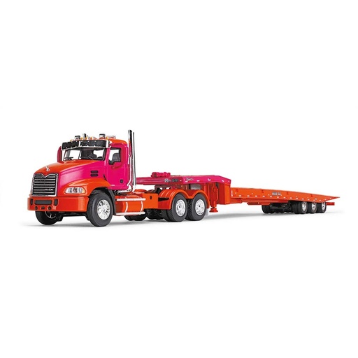  Mô hình xe DCP 1:64Mack Orange/Fuchsia Mack Pinnacle With Minimizer Parts And Talbert 5553TA Traveling-Axle Trailer 60-1648